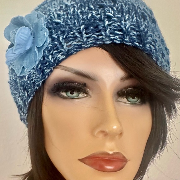 Hand Knits 2 Love Slouch Hat Beanie Beret Stonewashed Denim Flower Designer Chic - Picture 7 of 8